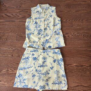 EP PRO Golf Set Sleeveless Top Sz M & Skort Sz 10 Blue Yellow Floral 100% Silk